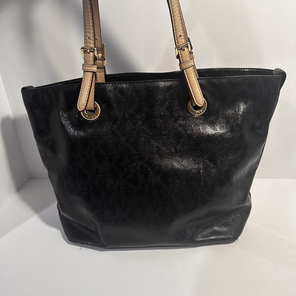 Michael Kors Handbags - Vintage MICHAEL Kors MK  Black Logo Leather‎ & Beige Leather Tote Purse Handbag